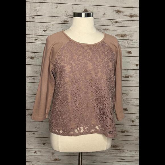 LOFT Tops - LOFT mauve cotton lace overlay fleece top Size XL